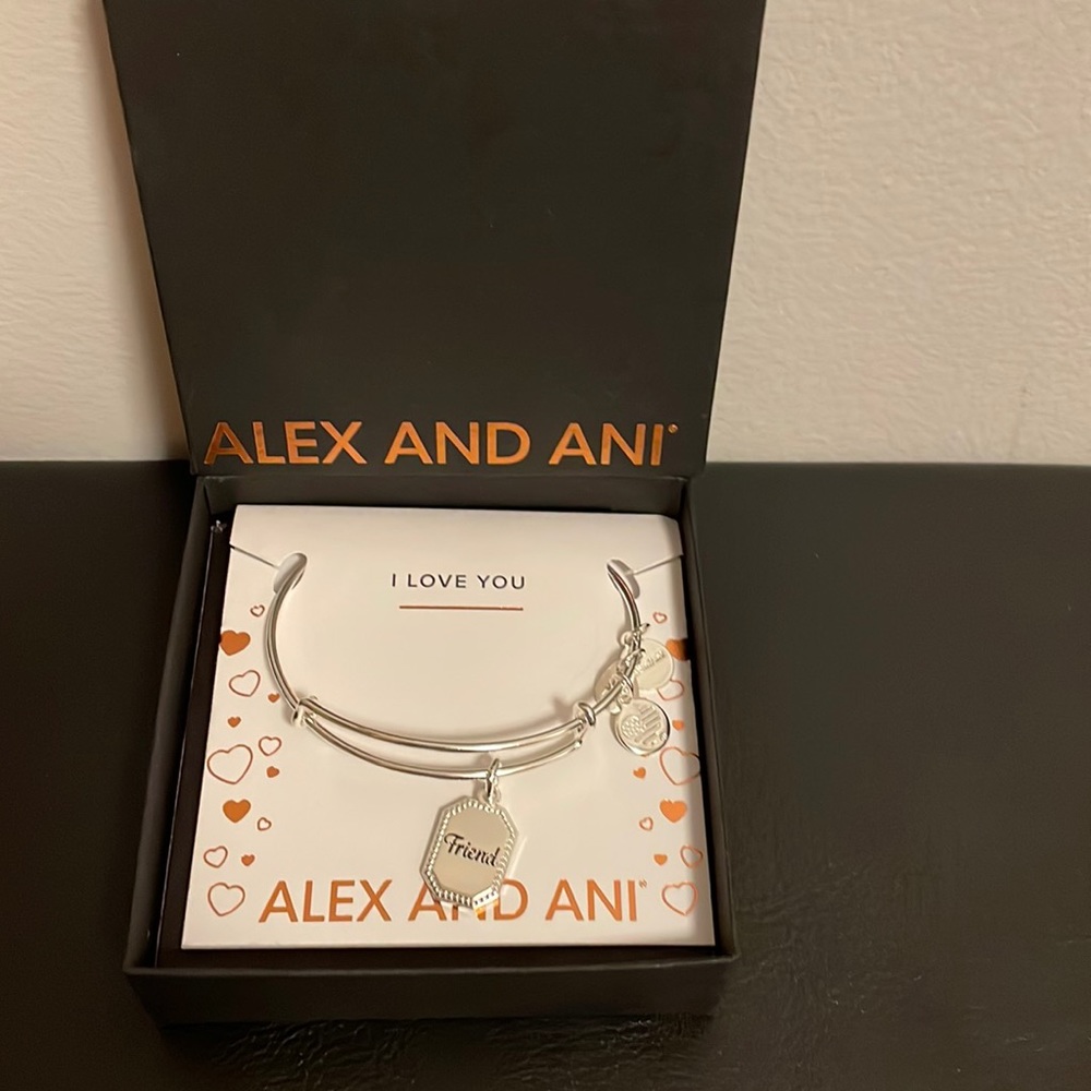 Alex And Ani Because I Love You Friend Charm Bangle in Shiny Silver Finish